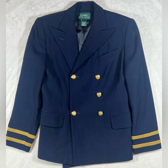 Women’s Ralph Lauren Size 4 USA Dark Blue Ornate Wool Blazer with Gold Buttons - Picture 2 of 11